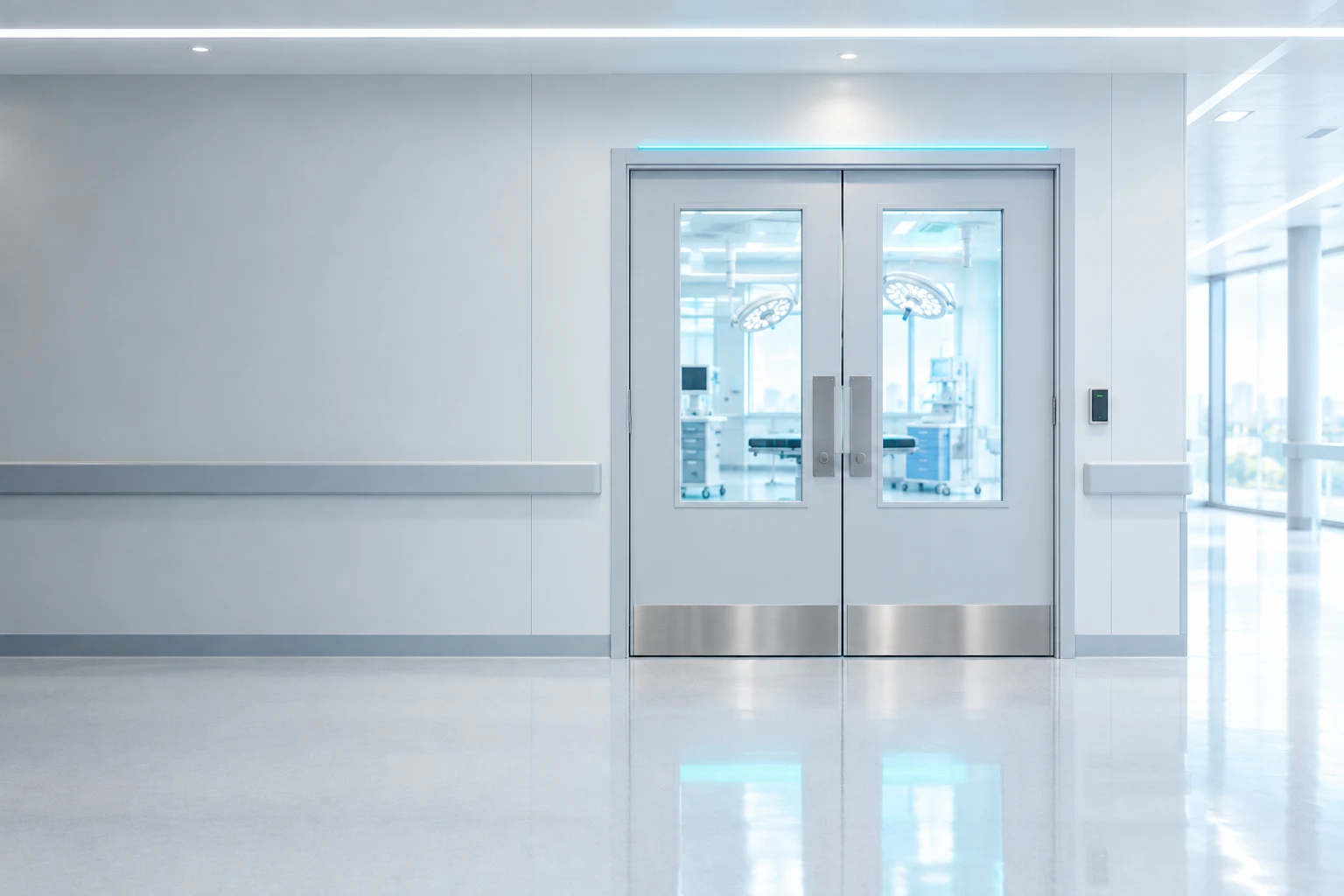 Маятниковые двери PORTA SYSTEM в светлом коридоре операционного блока